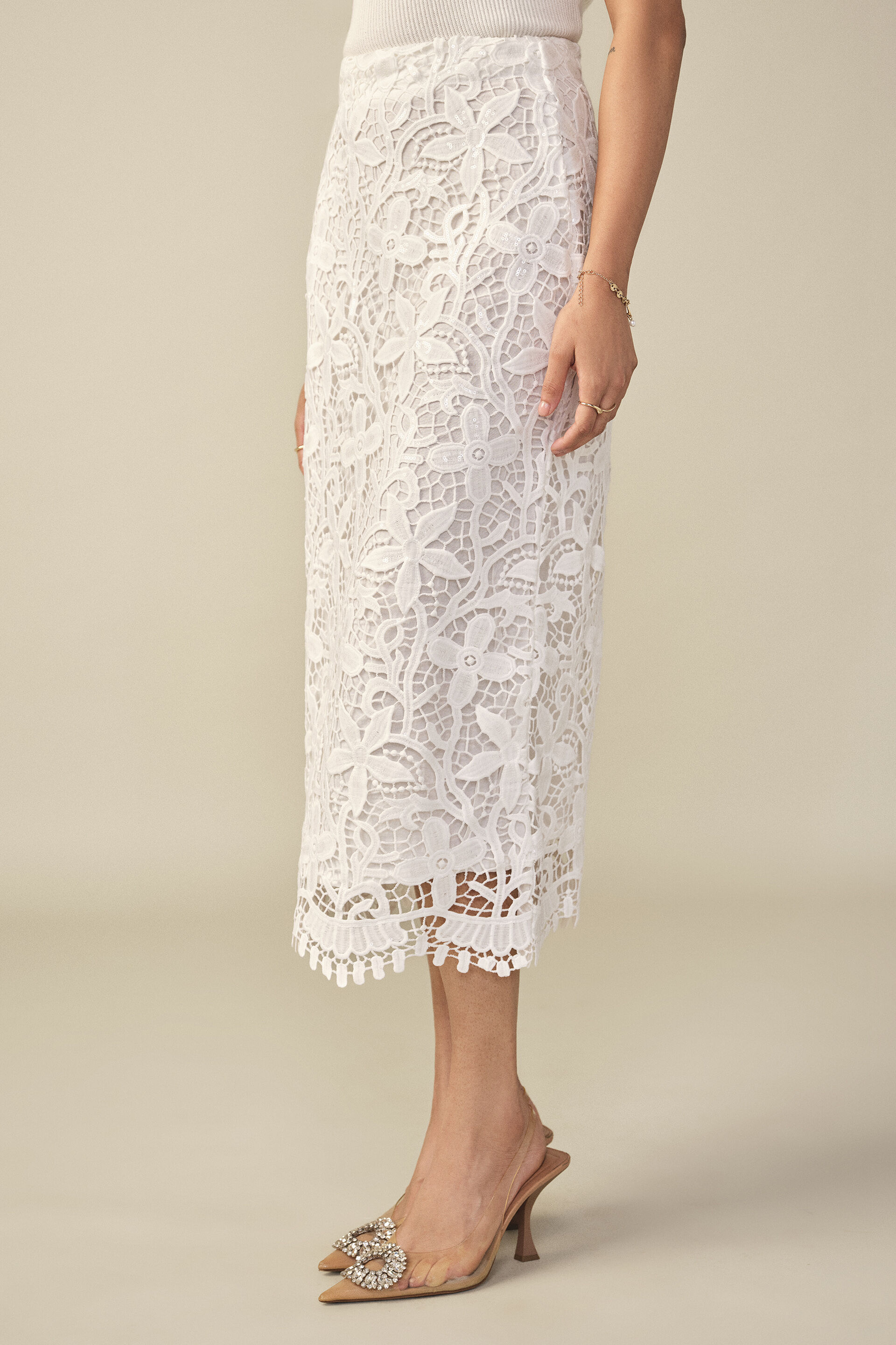 Lace Pencil Skirt in White, White, image 2